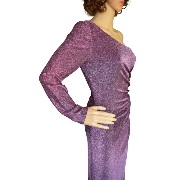Adrianna Papell Purple One Shoulder Metallic Knit Draped Sheath Ball Gown Size 8 - Picture 5 of 9